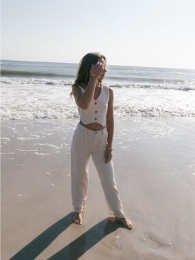 Cream Button-Front Crop Top and Matching Pants Set